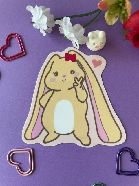 Bonnie the Bunny Peace Sign Vinyl Sticker – Hand-Drawn & Laminated (2.75") - Pink Nightlight Studio