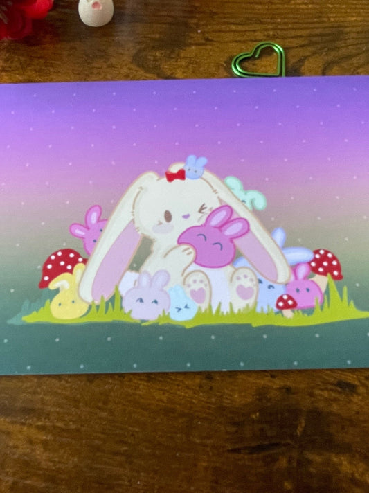 Bonnie with cute little bunnies on rainbow background Art Print 4”x6” cardstock - Pink Nightlight Studio
