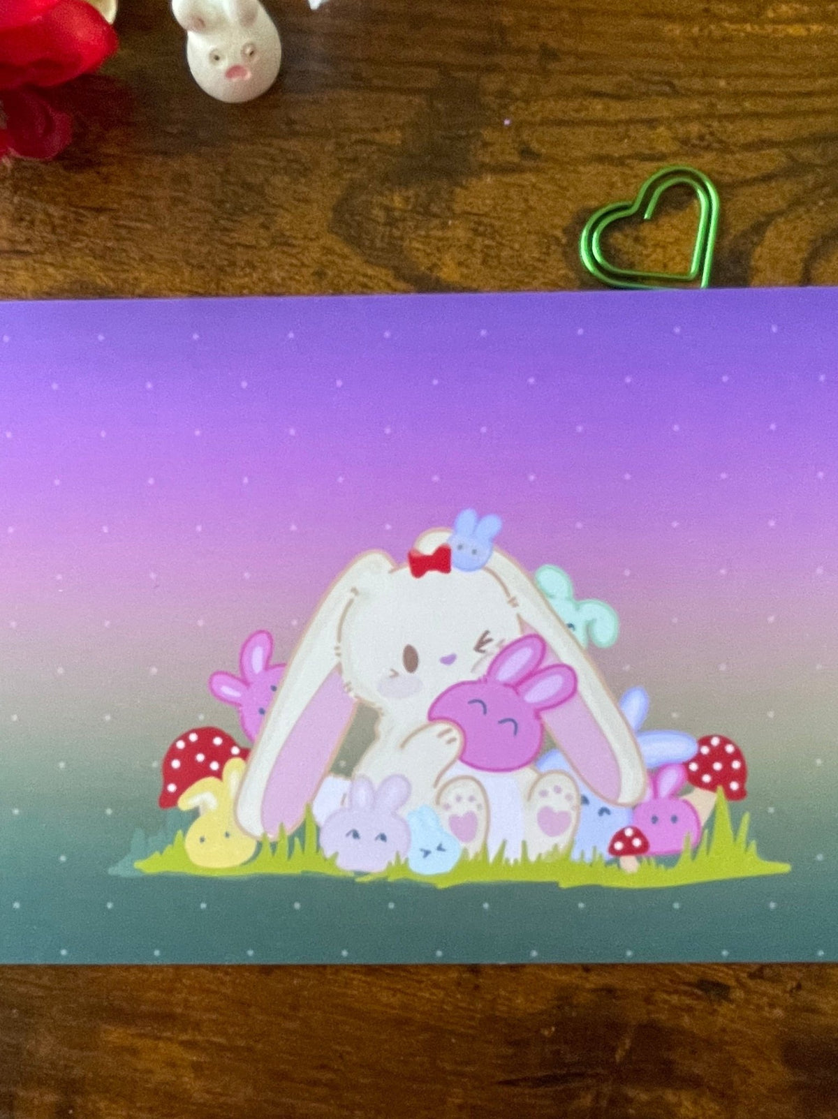 Bonnie with cute little bunnies on rainbow background Art Print 4”x6” cardstock - Pink Nightlight Studio