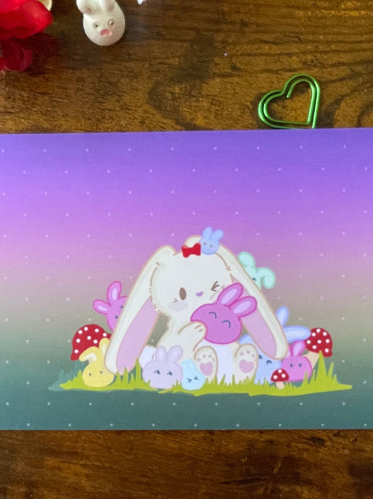 Bonnie with cute little bunnies on rainbow background Art Print 4”x6” cardstock - Pink Nightlight Studio