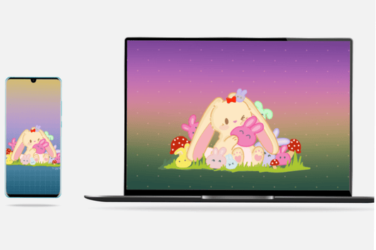 Bonnie with cute little bunnies on rainbow multicolor background Mobile and Desktop Digital Wallpaper - Pink Nightlight Studio