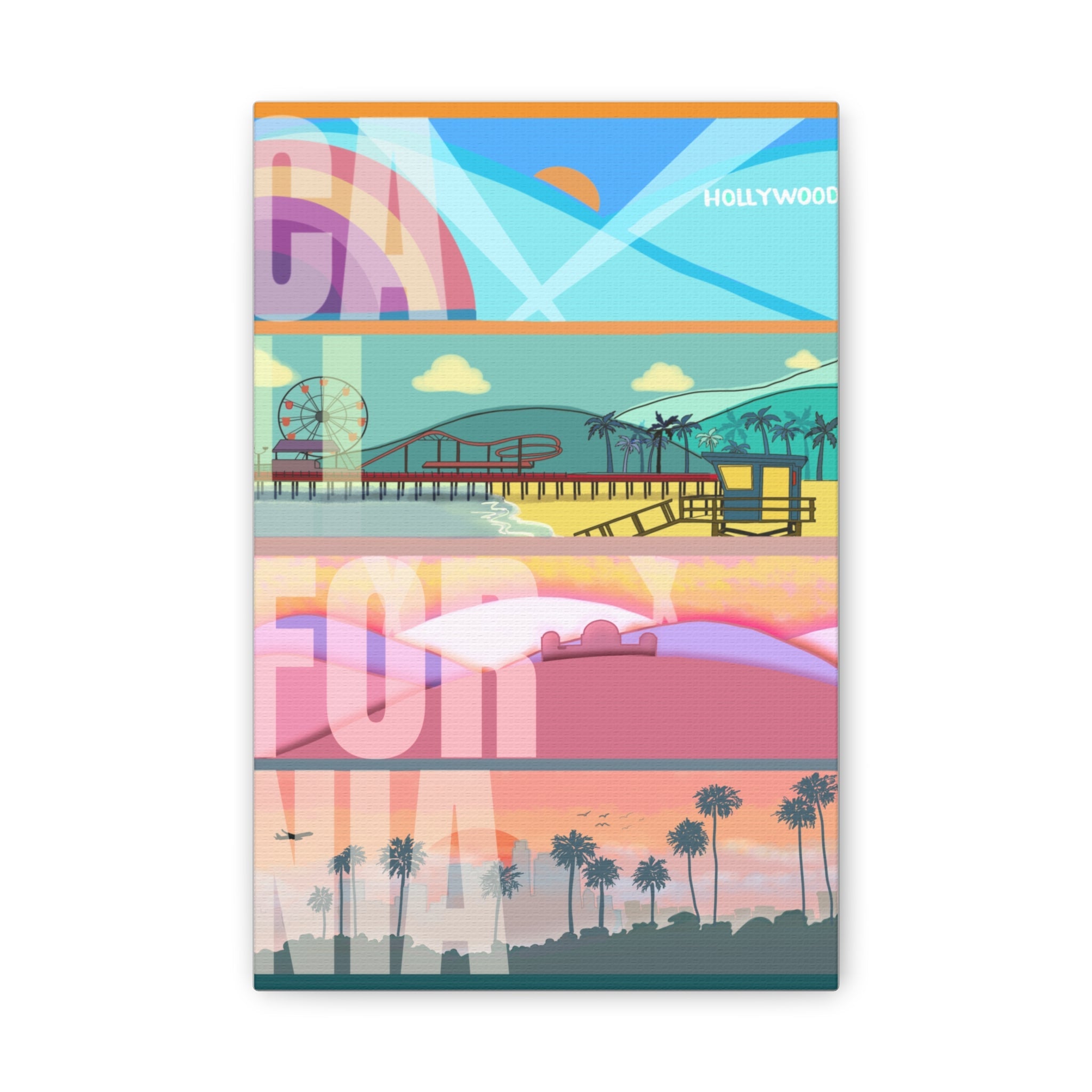 California Retro Canvas Print - Colorful Hollywood Pier Palm Trees Wall Art - Pink Nightlight Studio