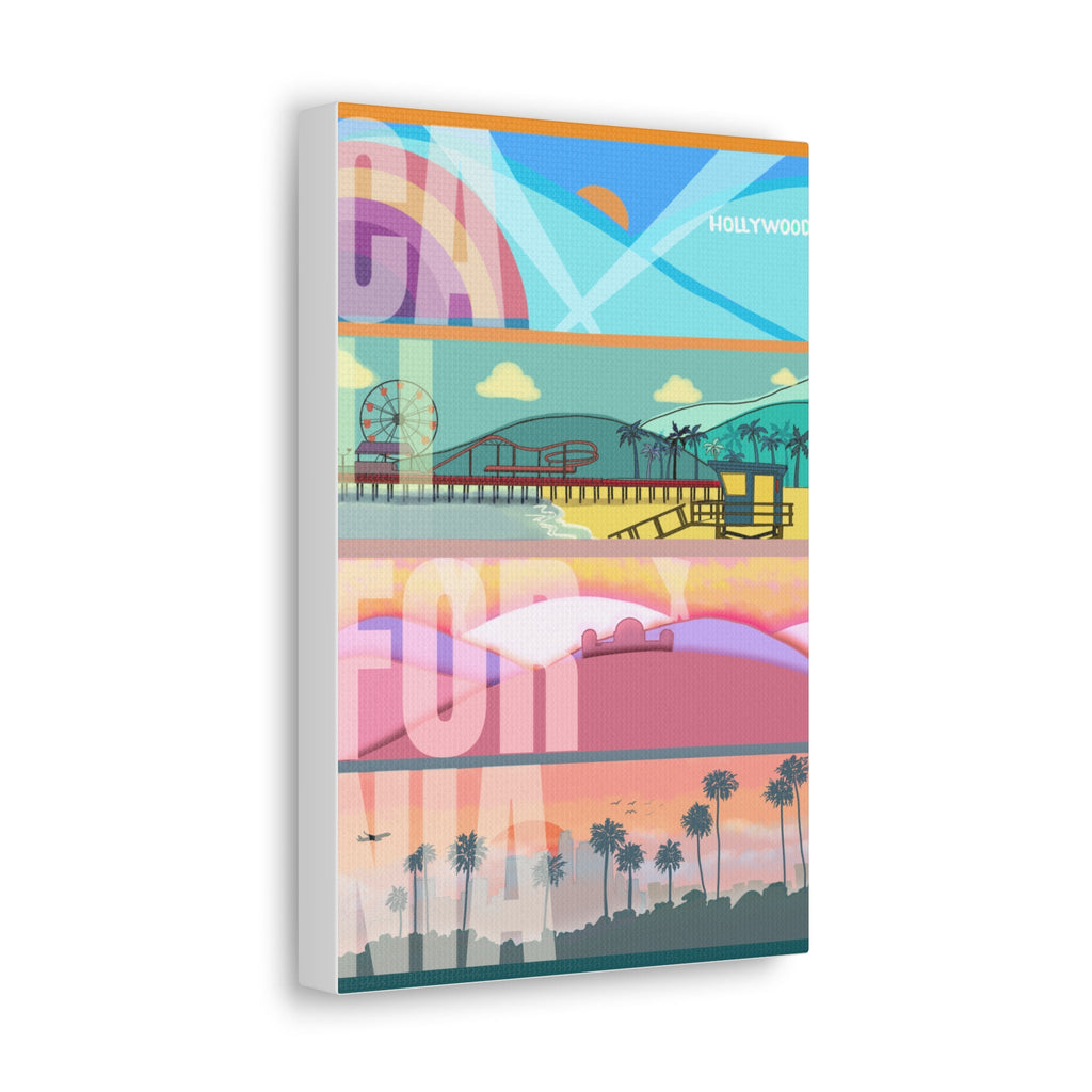 California Retro Canvas Print - Colorful Hollywood Pier Palm Trees Wall Art - Pink Nightlight Studio