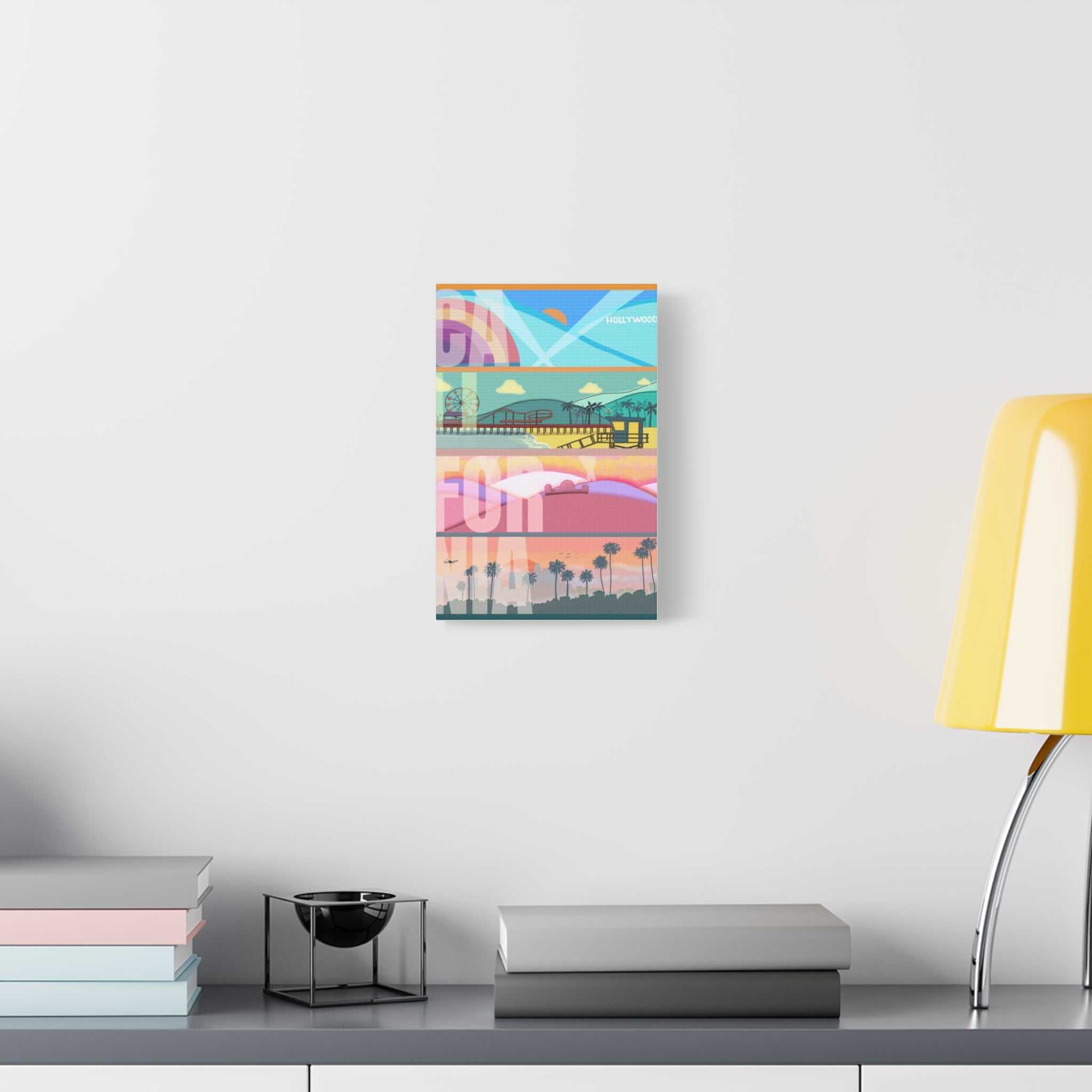 California Retro Canvas Print - Colorful Hollywood Pier Palm Trees Wall Art - Pink Nightlight Studio