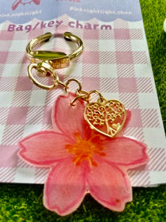 Handmade Pink Sakura Acrylic Bag Charm | Gold Cherry Blossom Keychain Accent