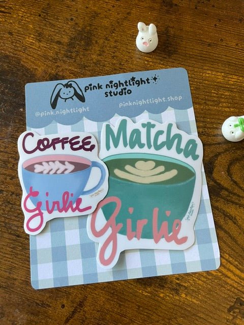 Coffee & Matcha Girlie Laminated Vinyl Stickers | Cozy Cafe Aesthetic - Pink Nightlight Studio