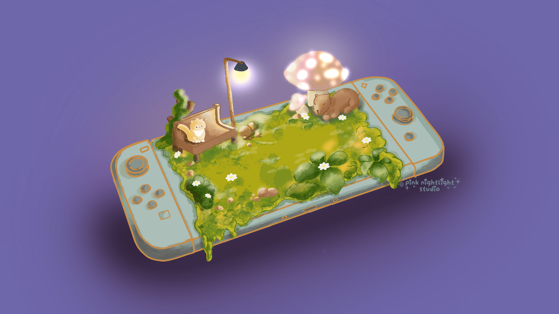 Cozy Gaming Oasis — Hand-Illustrated Nintendo Switch Digital Desktop Wallpaper Pack - Pink Nightlight Studio
