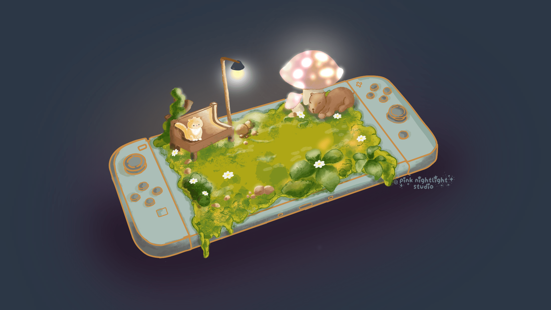 Cozy Gaming Oasis — Hand-Illustrated Nintendo Switch Digital Desktop Wallpaper Pack - Pink Nightlight Studio
