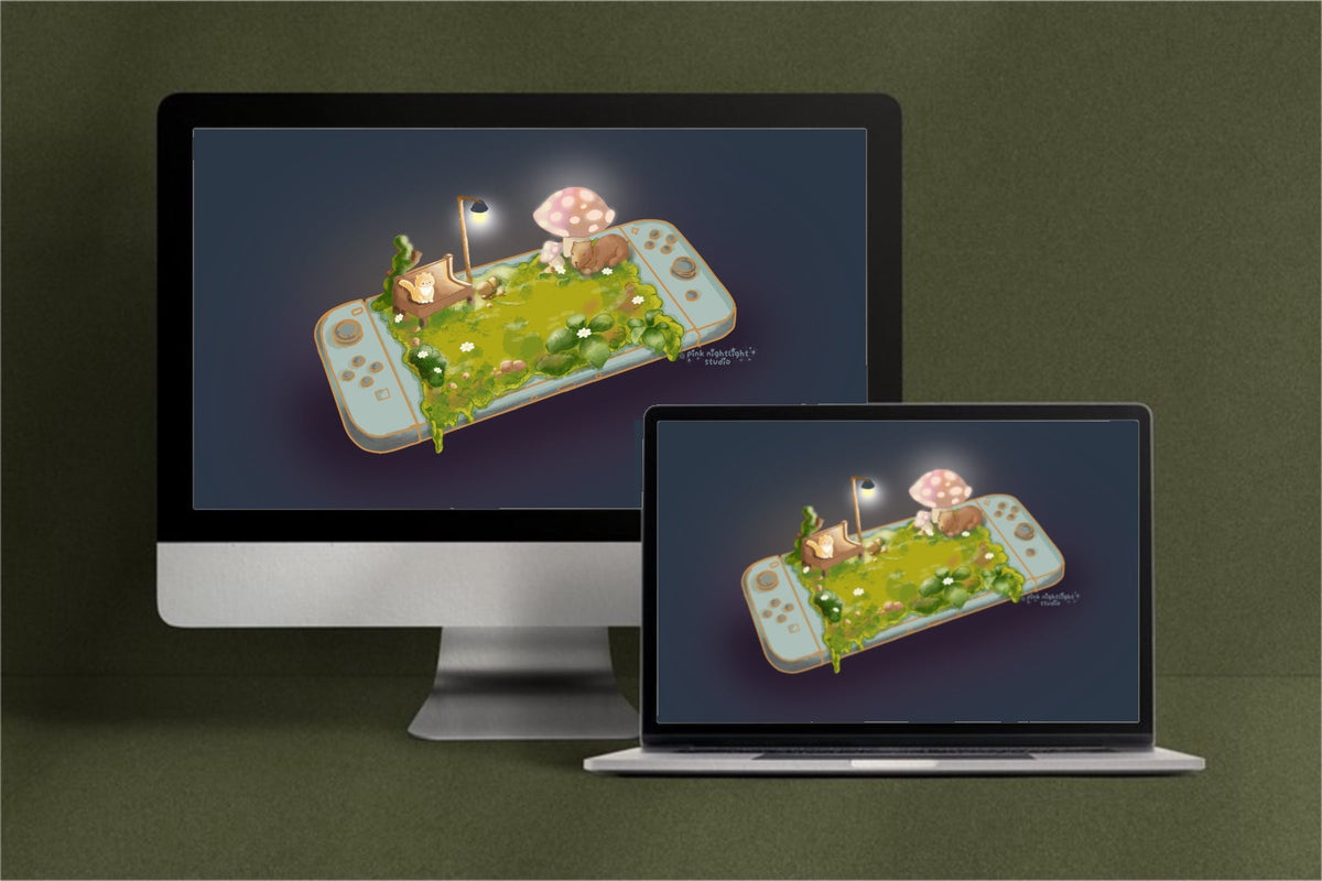 Cozy Gaming Oasis — Hand-Illustrated Nintendo Switch Digital Desktop Wallpaper Pack - Pink Nightlight Studio