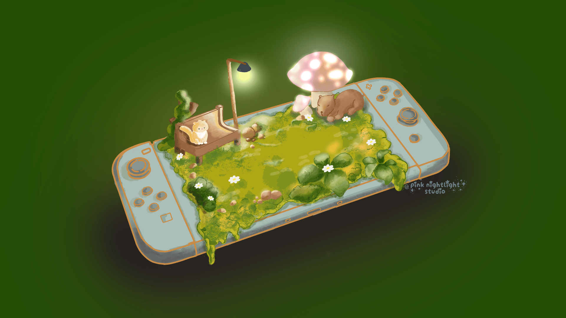 Cozy Gaming Oasis — Hand-Illustrated Nintendo Switch Digital Desktop Wallpaper Pack - Pink Nightlight Studio
