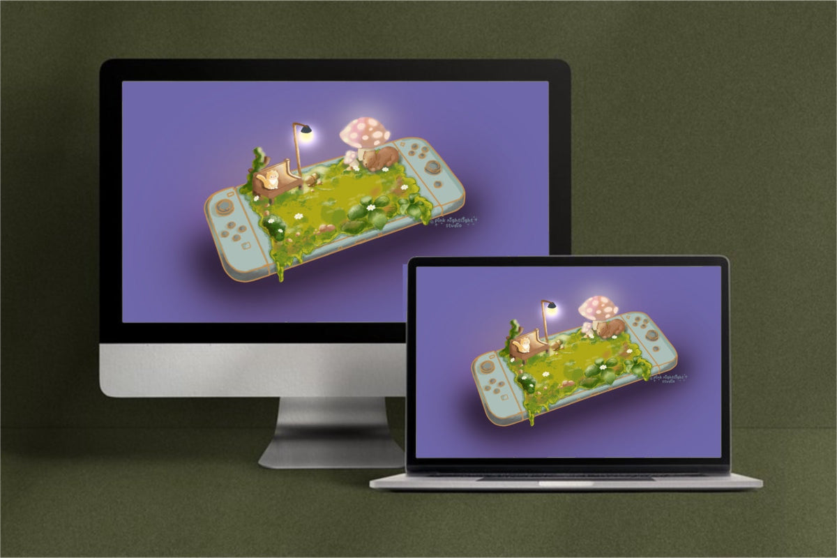 Cozy Gaming Oasis — Hand-Illustrated Nintendo Switch Digital Desktop Wallpaper Pack - Pink Nightlight Studio