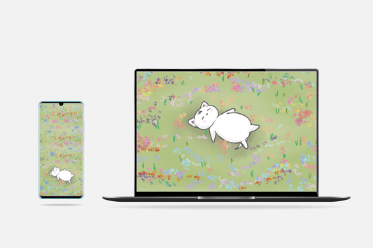 Cozy "Ishi" Cat Digital Wallpaper Pack, Phone and Desktop Set, Hand-Illustrated Floral Cat Art, Multi-Device Tech Download - Pink Nightlight Studio