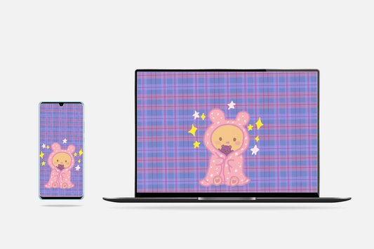 Cute Pastel Plaid BG with Bonnie wrapped in pink blanket - Wallpaper Bundle – Hand-Illustrated Cozy Bonnie Digital Wallpaper - Pink Nightlight Studio