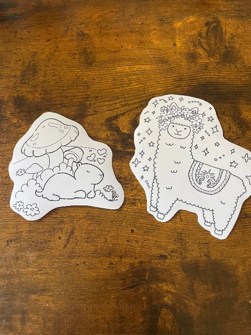 DIY Coloring Stickers Matte Vinyl Decals – Hand-Illustrated Cute Alpaca, Capybara, and Frog Sticker Pack (2.75" x 4") - Pink Nightlight Studio