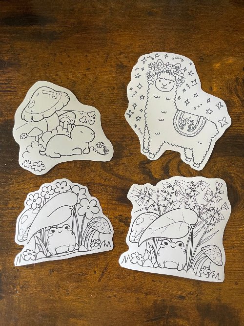 DIY Coloring Stickers Matte Vinyl Decals – Hand-Illustrated Cute Alpaca, Capybara, and Frog Sticker Pack (2.75" x 4") - Pink Nightlight Studio