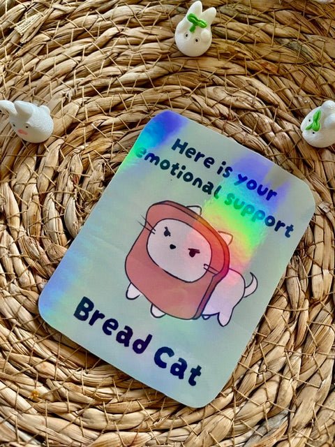 "Emotional Support Bread Cat" Hand-Illustrated Holographic Sticker - Pink Nightlight Studio