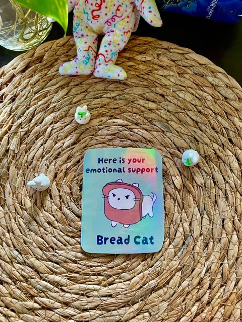 "Emotional Support Bread Cat" Hand-Illustrated Holographic Sticker - Pink Nightlight Studio