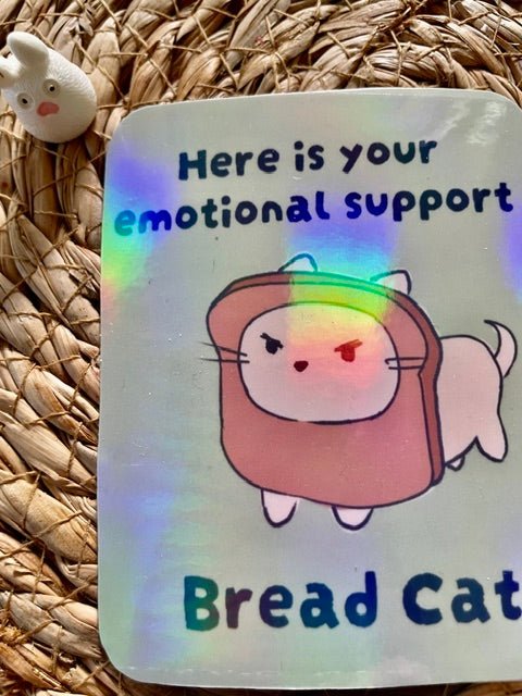 "Emotional Support Bread Cat" Hand-Illustrated Holographic Sticker - Pink Nightlight Studio