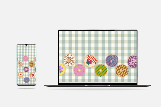Gingham Cottage Green with Donut Variety Desktop and Mobile Wallpaper Digital Download - Pink Nightlight Studio