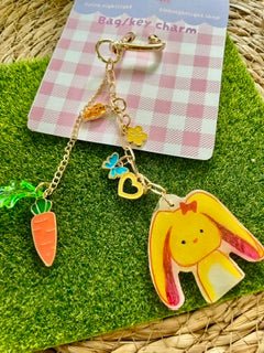 Handmade "Bonnie the Bunny" Acrylic Bag Charm | Cute Rabbit Keychain with Carrot Dangle - Pink Nightlight Studio