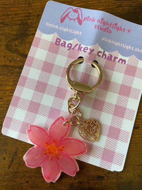 Handmade Pink Sakura Acrylic Bag Charm | Gold Cherry Blossom Keychain Accent - Pink Nightlight Studio