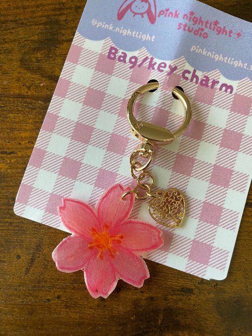Handmade Pink Sakura Acrylic Bag Charm | Gold Cherry Blossom Keychain Accent - Pink Nightlight Studio