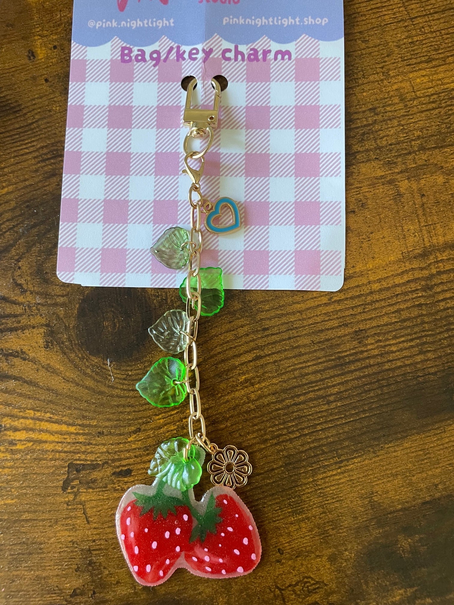 Handmade Strawberry Acrylic Bag Charm – Cute Gold Vine Key Keychain (5.5"–6") - Pink Nightlight Studio