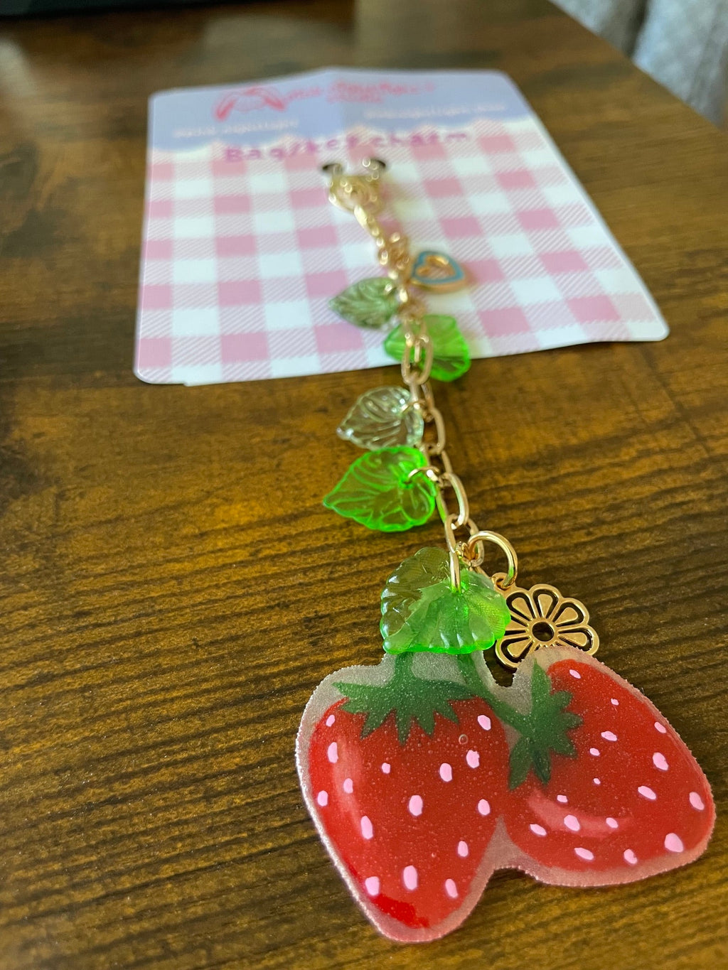 Handmade Strawberry Acrylic Bag Charm – Cute Gold Vine Key Keychain (5.5"–6") - Pink Nightlight Studio