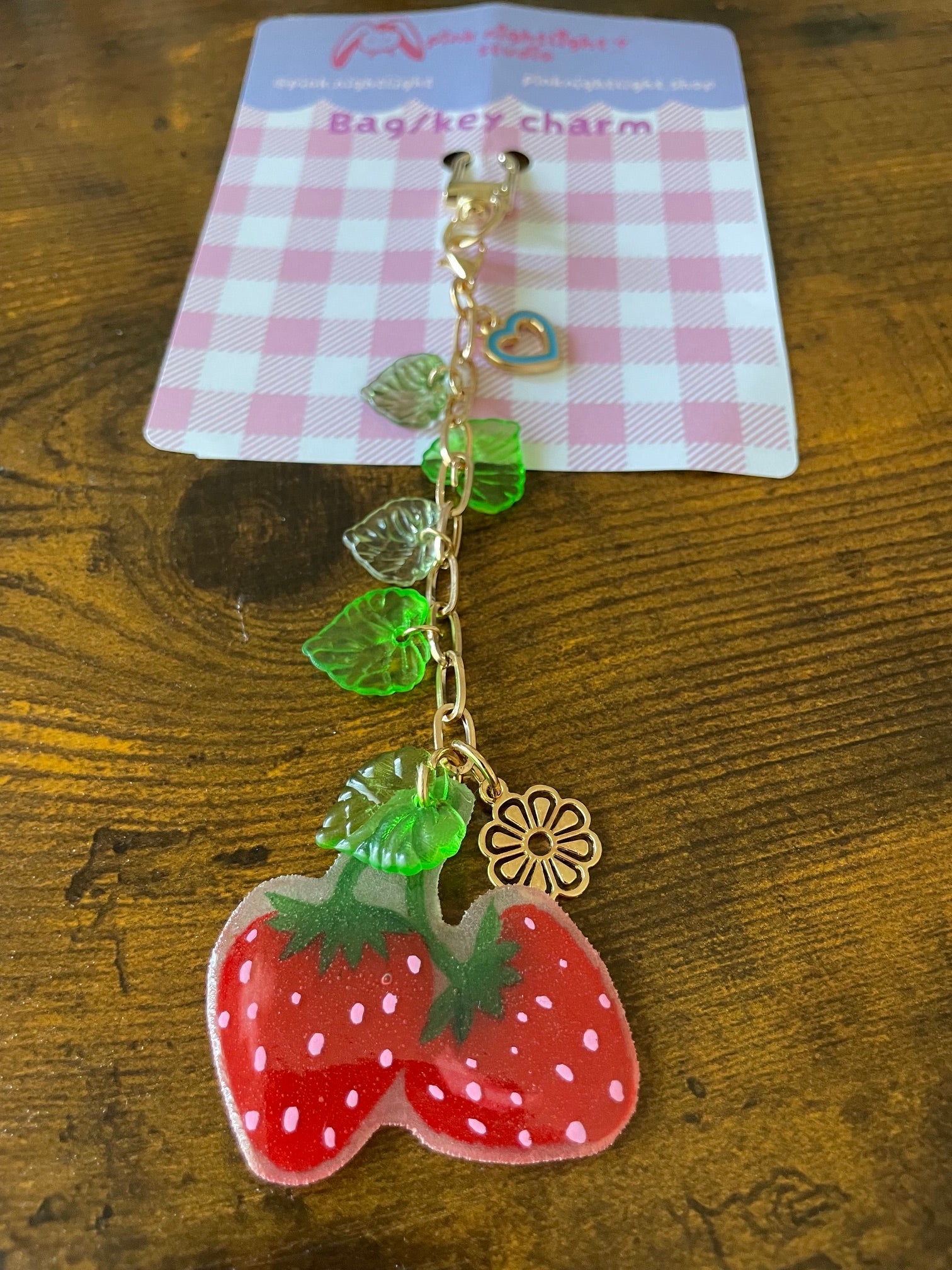 Handmade Strawberry Acrylic Bag Charm – Cute Gold Vine Key Keychain (5.5"–6") - Pink Nightlight Studio