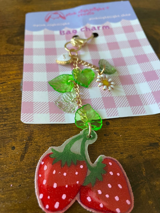 Handmade Strawberry Acrylic Bag Charm – Cute Gold Vine Key Keychain (5.5"–6") - Pink Nightlight Studio