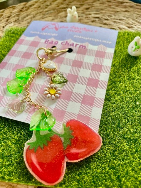 Handmade Strawberry Vine Bag Charm | Coquette Garden Strawberry Keychain - Pink Nightlight Studio