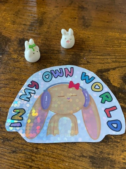 Holographic Bunny "In My Own World" Vinyl Sticker | Cute Lofi Art - Pink Nightlight Studio