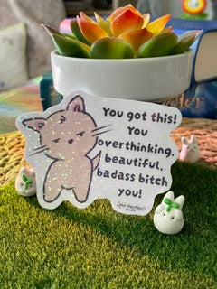 A decorative die-cut sign featuring a cute cartoon cat with the text 'You got this! You are thoughtful, beautiful, badass bitch you!', displayed on artificial grass next to a small white bunny figurine and a succulent.