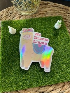 "No Drama Llama" Cute Alpaca Sticker – Rainbow Stars Holographic Laminated Vinyl (2.5") - Pink Nightlight Studio