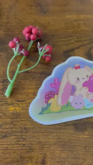 Magical Meadow Bonnie Vinyl Sticker – 3.75" Hand-Illustrated Cute Rainbow Hlographic Bunny Scene