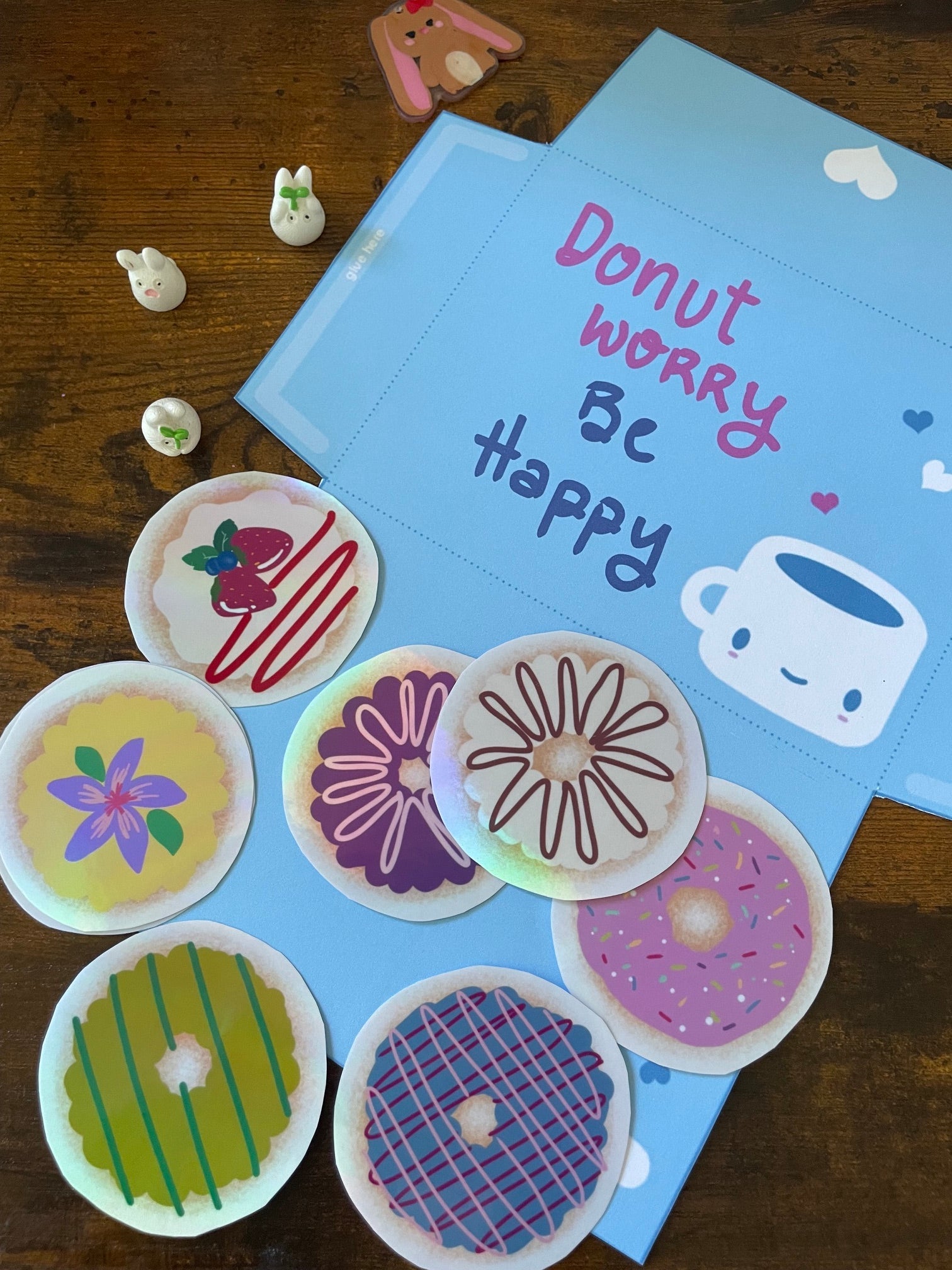 September Sticker Club: Donut Worry Be Happy Vinyl Sticker Pack | 11-Piece Cute Decals - Pink Nightlight Studio