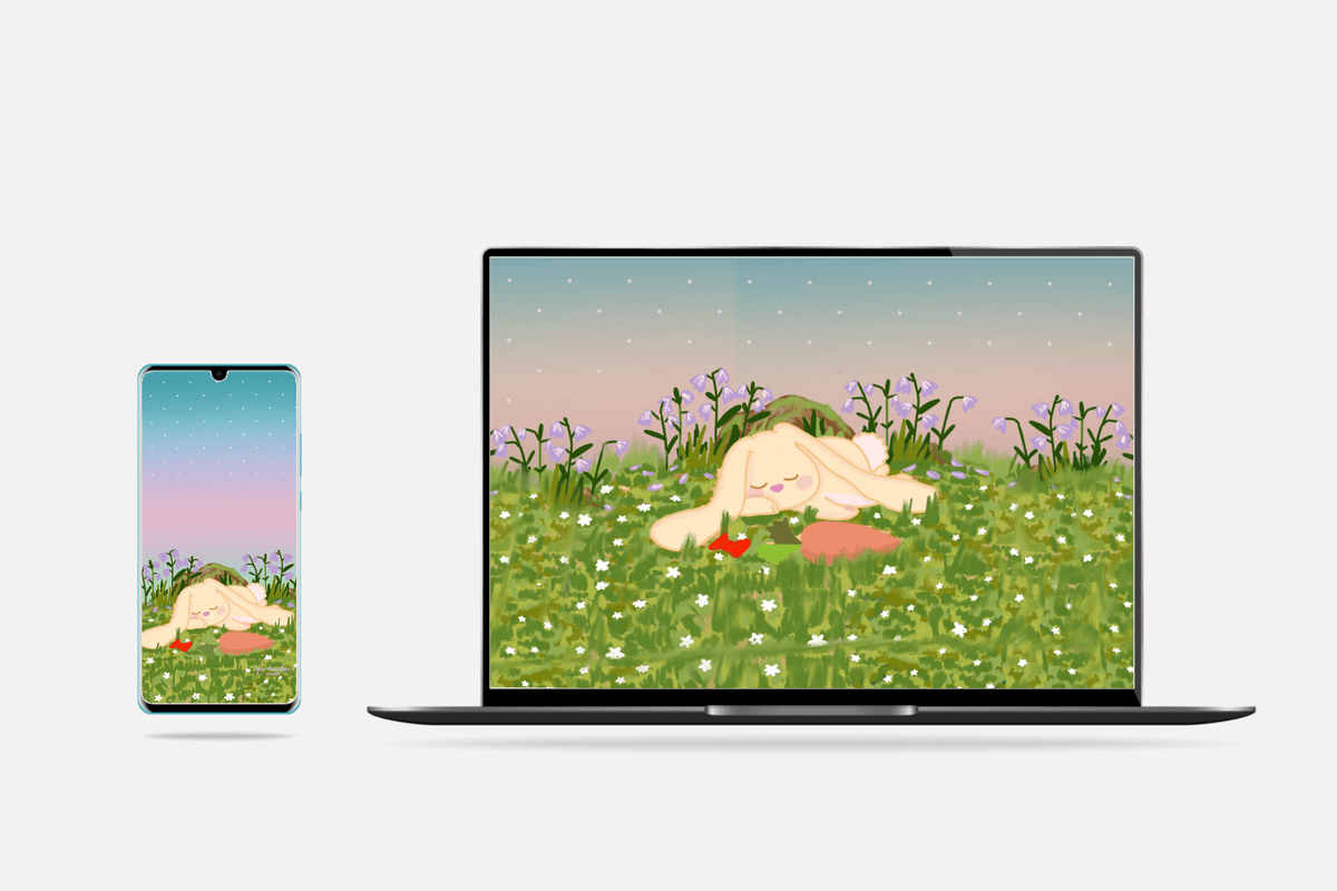 Sleeping Bonnie on meadow next to carrot with violet flowers digital mobile and desktop wallpaper - Pink Nightlight Studio