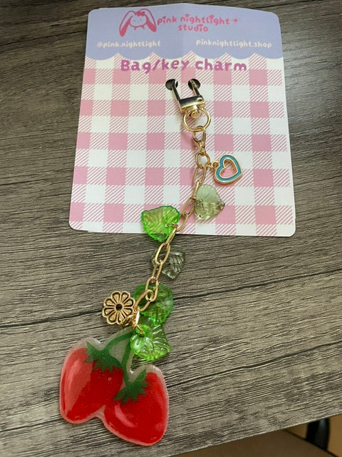 Handmade Strawberry Vine Bag Charm | Coquette Garden Strawberry Keychain