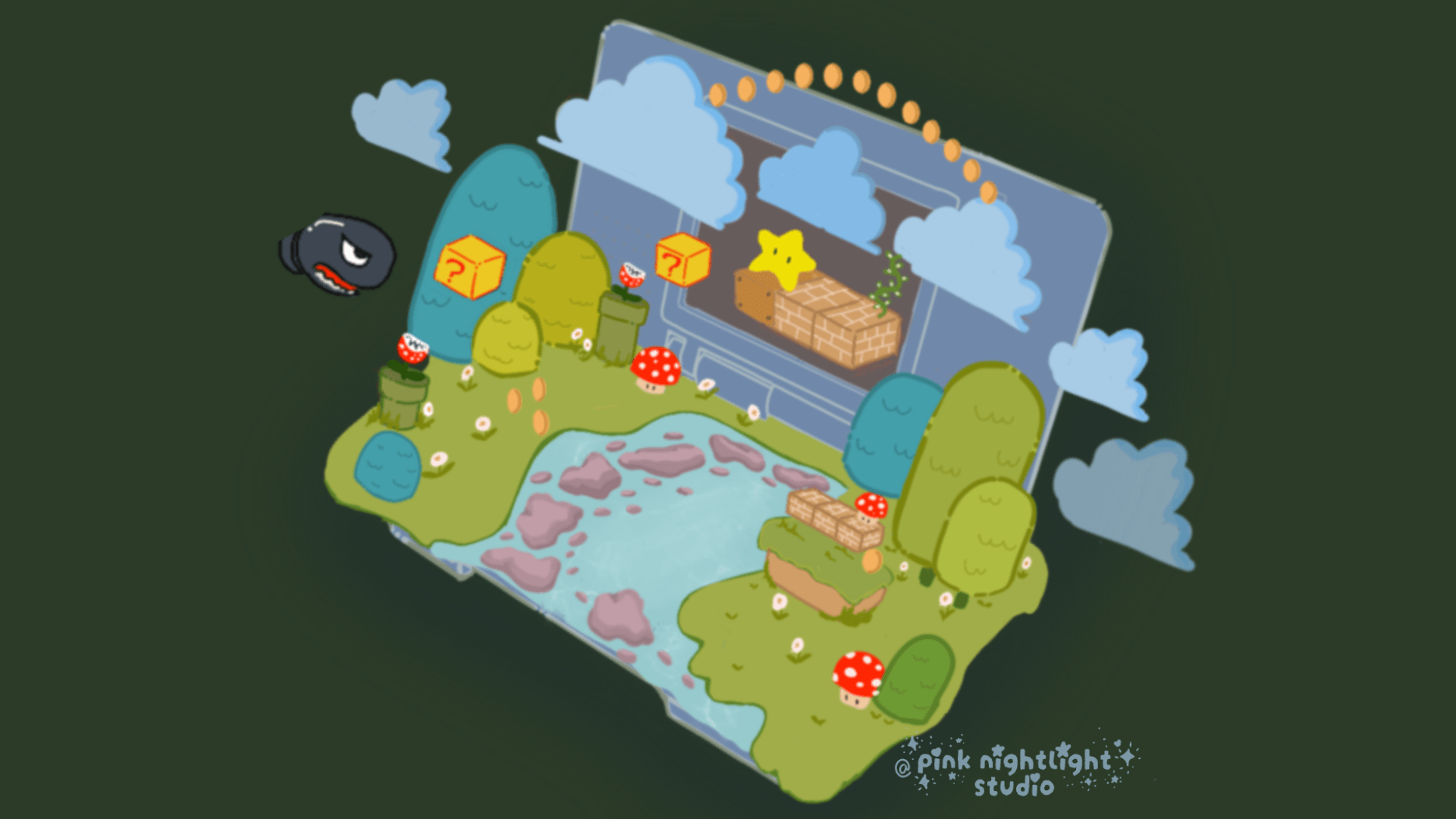 Super Mario World Inspired 3D Isometric Nintendo DS Desktop Wallpaper - Pink Nightlight Studio