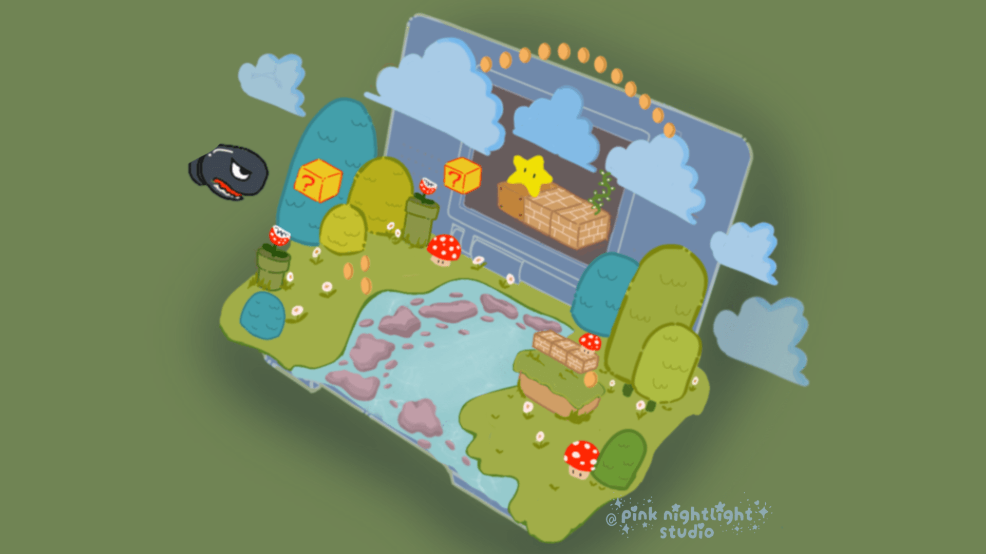 Super Mario World Inspired 3D Isometric Nintendo DS Desktop Wallpaper - Pink Nightlight Studio