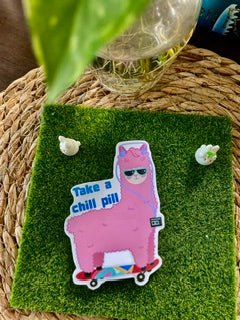 Take A Chill Pill Pink Alpaca Laminated Vinyl Sticker – Hand-Illustrated Cute Skater Decal (2.75" x 4")URL - Pink Nightlight Studio