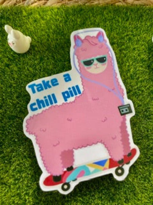 Take A Chill Pill Pink Alpaca Laminated Vinyl Sticker – Hand-Illustrated Cute Skater Decal (2.75" x 4")URL - Pink Nightlight Studio