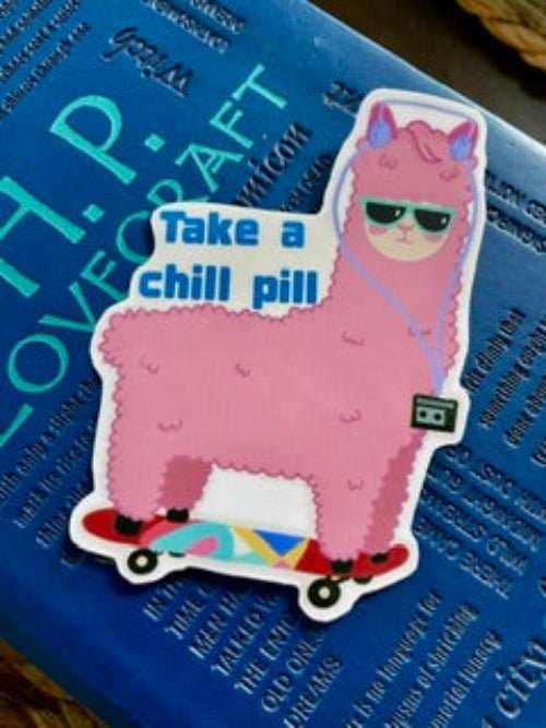 Take A Chill Pill Pink Alpaca Laminated Vinyl Sticker – Hand-Illustrated Cute Skater Decal (2.75" x 4")URL - Pink Nightlight Studio